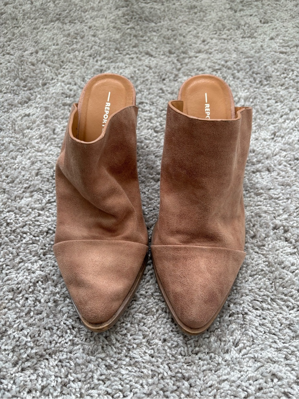 Report Blush Taupe Suede Pointed Toe Block Heel Mules Size 7
